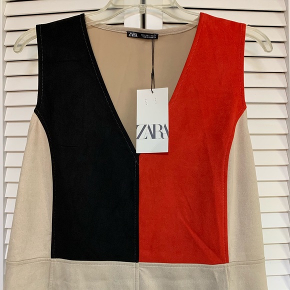 Zara FAUX SUEDE COLORBLOCK DRESS new size L - Picture 3 of 7